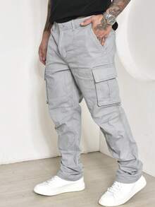 Men's Casual Cargo Pants In Twill With Multi-Pockets And Lycra - Light Grey - View 2