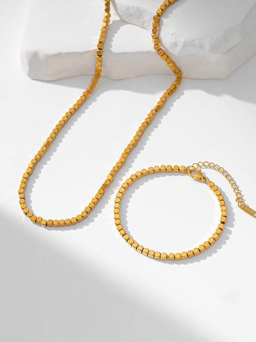 1 Set Stainless Steel Fashionable Versatile Cube Beaded Necklace + Bracelet Jewelry Set, Suitable For Daily Wear And Gift - Yellow Gold - View 1