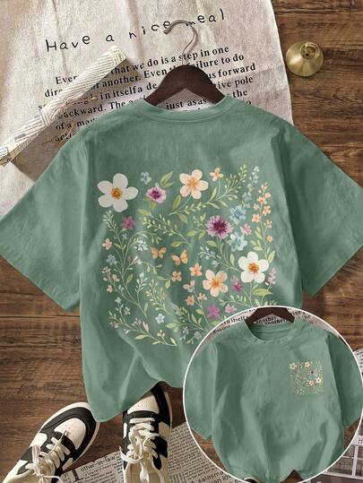Camiseta gráfica con estampado floral vintage, camiseta casual de cuello redondo de manga corta para mujer para el verano, vacaciones, atuendos de playa