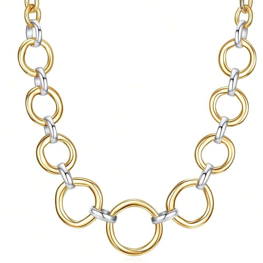 Two Tone Pendants Necklace For Women, 18K Gold & Silver Plated Layered Link Chain, Statement Necklace, Mixed Metal Jewelry, Fashion Necklace Gift For Her - CircleLink - 查看 1