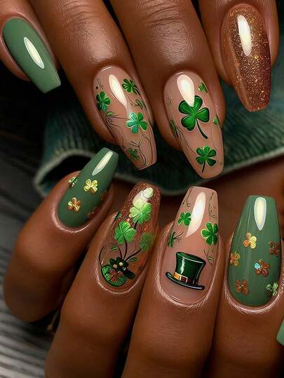 St. Patrick's Day 24 Piece French Tip Nail Nails Y2K Style Green Nail Nails Medium Coffin Shape Nail Nails Geometric Striped Foil Print Four Leaf Clover Polka Dot Pattern Fake Nails Acrylic Nail Supplies For Women Comes With 24 Jelly Stickers And A Mini Nail File