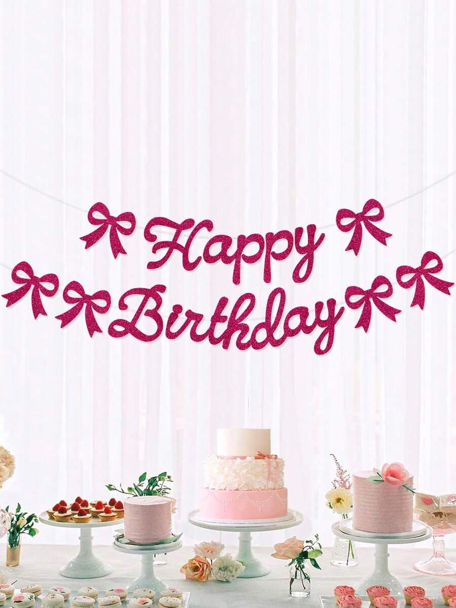 Glitter "Happy Birthday" Pull Flag, Pink Bow Birthday Banner, Birthday Party Decoration Pull Flag, Bow Birthday Theme Pull Flag, Bow Birthday Party Decorations - Hot Pink - View 1