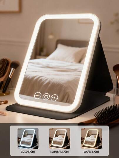 Espejo de maquillaje LED, espejo de maquillaje de sobremesa plegable con luces, espejo de tocador con 3 modos de iluminación, espejo de sobremesa, espejo de maquillaje recargable por USB, espejo de maquillaje de viaje, piel de PU