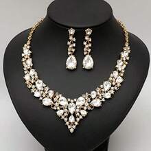 Juego de 4 piezas de collar de vidrio austriaco arete pulsera anillos conjuntos de joyas para novias bodas fiestas disfraces regalos para mujeres -B032 - Dorado - Ver 4
