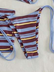 3 piezas Conjunto de bikini de mujer con tela acanalada, estampado de rayas y escote halter con calzones, para vacaciones de verano en la playa - Multicolor - Ver 7