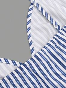 女士休闲简约甜美百搭，适合办公室、度假和海滩穿着，年轻时尚无肩带无袖可调节肩带，纽扣和侧拉链蓝白条纹修身短款上衣，春夏款。 - 藍白色 - 查看 10