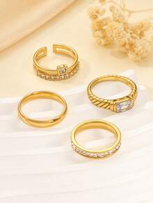 4pcs 18K Gold Plated Stainless Steel Jewelry Set With Rhinestones, Featuring Heart, Chain, And Geometric Patterns, Suitable For Women To Stack Or As Gifts - Yellow Gold - View 5