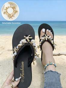 Women's Sandal Charm, Seashell Vacation Flip-Flop Chain, Pearl And Seashell Chain, Cute Summer Starfish Vacation, Ocean-Themed Beach Summer Charm Jewelry, Adjustable Natural Conch, Pearl, And Seashell Shoe Chain, Summer Vacation - Multicolor - View 4