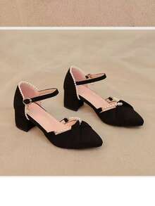 1双珍珠装饰T字带粗跟高跟舞鞋，尖头镂空派对社交舞鞋，女士款 - 黑色 - 查看 2