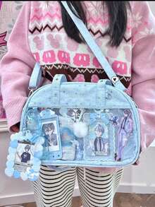 1pc Japanese Style New Original Casual Fashion Sweet Cute College Large Capacity Starry Sky Bowling Bag, Soft Lightweight Canvas Transparent Badge Grain Bag, Women Daily Commute Party Shoulder Crossbody Bag - Multicolor - View 2