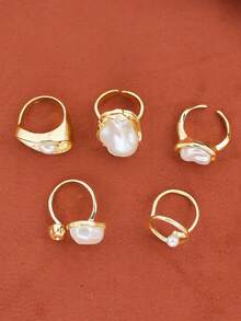 4pcs Set Fashionable Gold Faux Pearl Geometric Open Ring Set, Women Exaggerated Metal Asymmetrical Adjustable Ring Jewelry Accessories - Yellow Gold - View 3