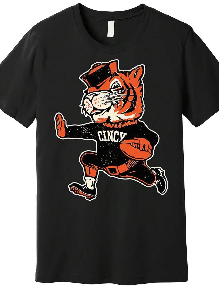 Men's Vintage Cincy Tiger Football Graphic Tee - 100% Cotton, Casual & Comfortable Crewneck T-Shirt, Available - Perfect for Easter, St. Patrick's Day & Outdoor Even, - Negro 1 - Ver 1
