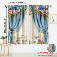 2PCS European-Style Flower Curtains, Romantic Blue And Pink Rose Pattern, Half-Shade And Dust-Proof, Suitable For Bedroom And Living Room As Decorative Curtains - Multicolor - View 7