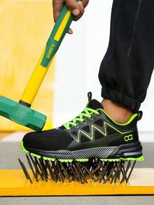 أحذية أمان جديدة مع زر دوار ووسادة هوائية للرجال والنساء، أحذية بنصل فولاذي، مقاومة للصدمات والثقب، أحذية صناعية خفيفة الوزن وقابلة للتنفس، أحذية حماية عمل للجنسين مناسبة للربيع والصيف والخريف والشتاء - الأسود والأخضر - مشاهدة 4