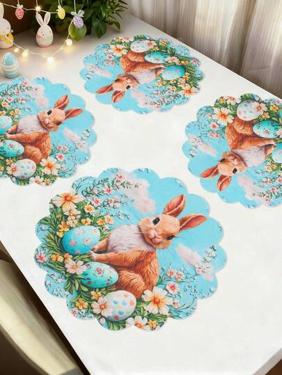 4pcs Easter Thick Linen Placemat ,Easter Bunny Egg Design,Washable Linen Round Table Mats With Scalloped Edges - Vibrant Floral Design, Easter Party Decor,Happy Easter Decor, Room Decoration, Perfect For Daily Use And Holiday Parties, Seasonal Tableware, Holiday Table Setting, Spring Party Decoration, Fabric, Decorative Place Settings, Party Supplies, Decor For Home