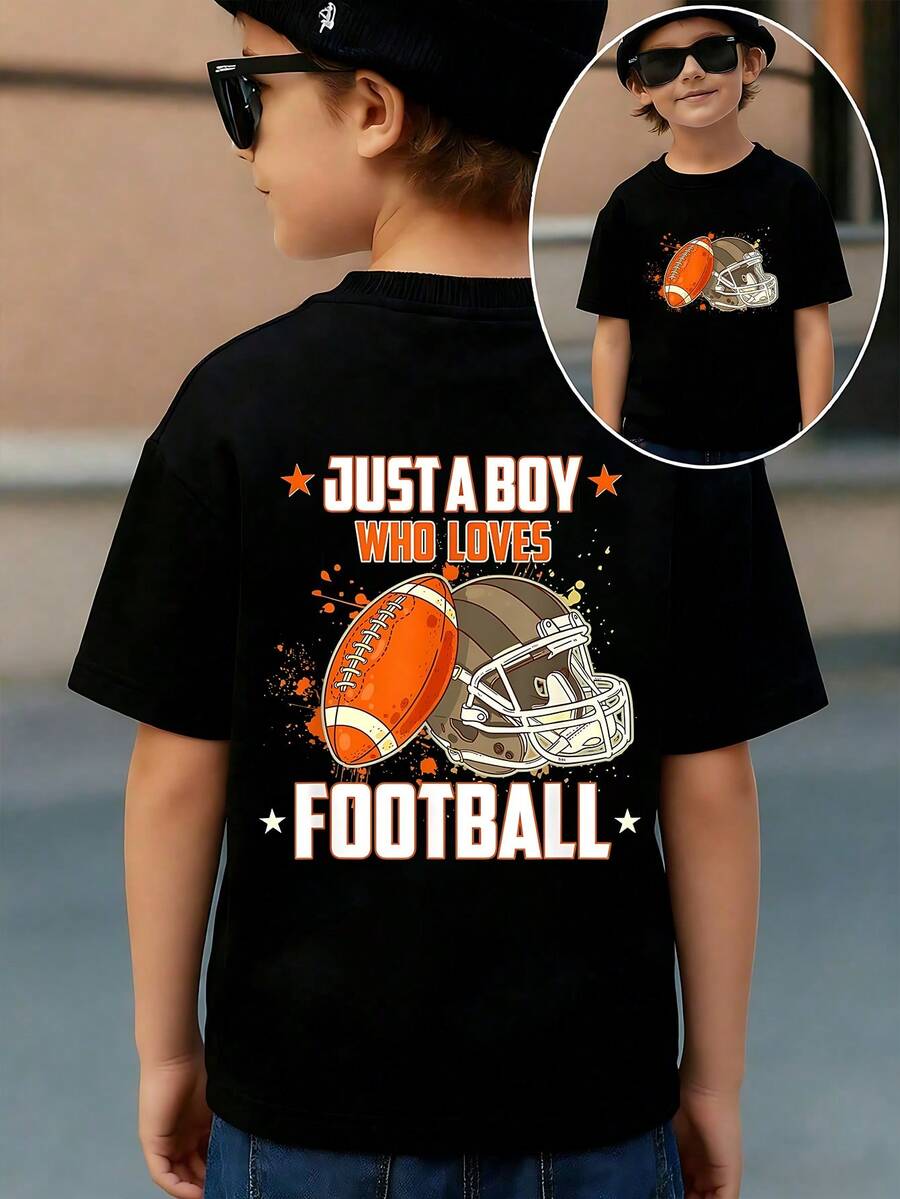 Possibly, , Boys Love Football Theme T-Shirt Football Helmet Print Casual Short Sleeve, Black History Month, Boys' Apparel, Back-To-School Seasons, Gifts For Kids, Birthday Gifts, Holiday Gifts - 黑色 - 查看 1