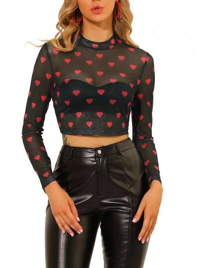 Women Y2K Sheer Mesh Crop Top Long Sleeve Crew Neck Heart Print Slim Fit Shirts Spring Vintage 2000s See Through Blouse Streetwear Going Out Party Clubwear