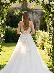 YOUKEFEIER Đầm ren thêu cổ chữ V hai dây thanh lịch, thích hợp cho đám cưới ngoài trời, đám cưới trên bãi biển, dáng đuôi cá. - Màu be - Xem 8