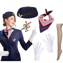 5件套空姐服装配饰套装，包括空姐帽、手套、围巾和胸针，适合圣诞节、万圣节服装派对、舞蹈活动、音乐节和新年装扮。 - 彩色 - 查看 14