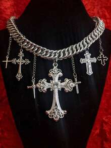 1 Piece Of Personality Exaggerated Cross Pendant Large Chain Gothic Punk Style Alloy Silver Chain Necklace Pendant Like Chain Suitable For Women's Daily Party Gathering Concert Concert Wear New Year Gift - Silver - View 1