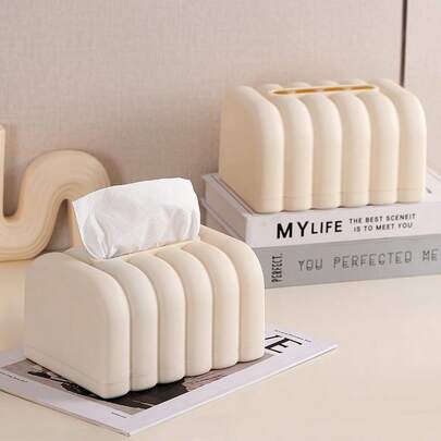 1pc Beige Bread-Shaped Tissue Box Holder, Durable PP Plastic Square Tissue Case, Countertop Or Wall Mount Design, Minimalist Striped Napkin Holder For Bathrooms, Kitchens, Toilets, Living Rooms And Restaurant, Home Decoration Storage Accessories