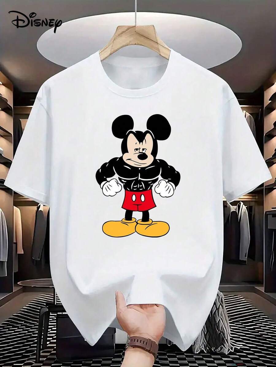 Disney Authorized-Men's Cotton Short-Sleeved T-Shirt, Men's Tough Mickey Mouse T-Shirt-White Leisure Round Neck T-Shirt, Soft Cotton Fabric, Machine Washable, Comfortable And Close-Fitting, Gym Unisex Shirt. - White - View 1