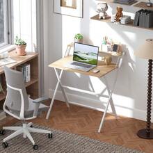 Foldable Computer Desk With Monitor Stand, 81.5cm Small Home Office Table, Compact Writing Study Desk For Small Spaces - Natural Wood1 - View 1