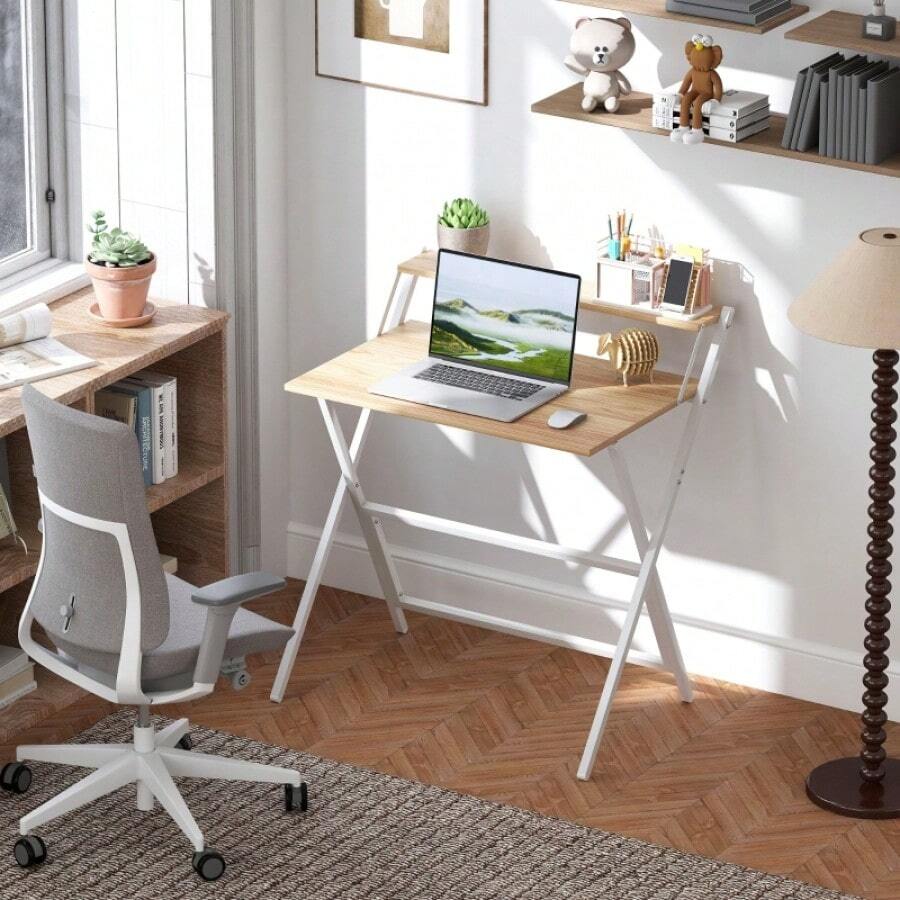 Foldable Computer Desk With Monitor Stand, 81.5cm Small Home Office Table, Compact Writing Study Desk For Small Spaces - Natural Wood1 - View 1