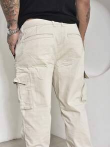 Calças Cargo Masculino Sarja Casuais com Multi-Bolsos Com Lycra - Bege - Visão 8