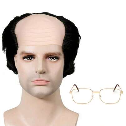 Synthetic Bald Head Wig, Gray/Black Short Curly Bald Wig For Elderly - Bald Head Wig, Theme DIY Prank Props, Bald Wig, Men's Wig, Gray Hair Wig, Halloween Anime Cosplay Party Fun Grandpa Props