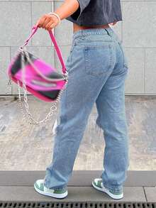 Women's High Waisted Straight Leg Distressed Jeans - American Streetwear Style - Medium Wash - View 7