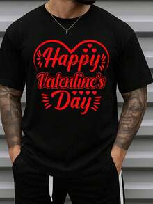 Men'S Valentine'S Day Heart Graphic T-Shirt - Retro Red Heart & Happy Valentine'S Day Print, Black Short Sleeve Casual Tee, Comfortable Round Neck, All-Season Wear, Couples Matching Outfits, Durable Digital Print, Year-Round Streetwear Essential (Ad - 黑色 - 查看 1