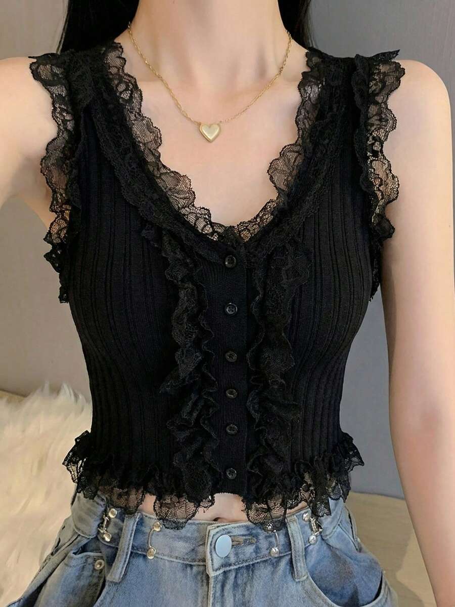 Áo tank top hai dây phối ren, áo vest lửng ôm dáng cho mùa hè màu đen - màu đen - Xem 1