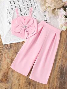 2pcs Baby Girls' Cute 3D Floral Camisole Top And Ruched Casual Pants Set, Summer - Pink - View 1