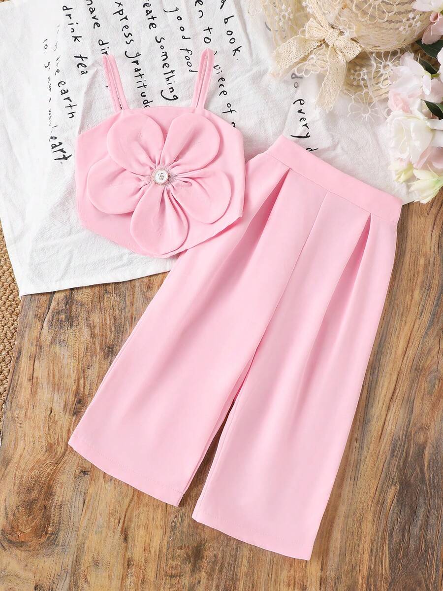 2pcs Baby Girls' Cute 3D Floral Camisole Top And Ruched Casual Pants Set, Summer - Pink - View 1