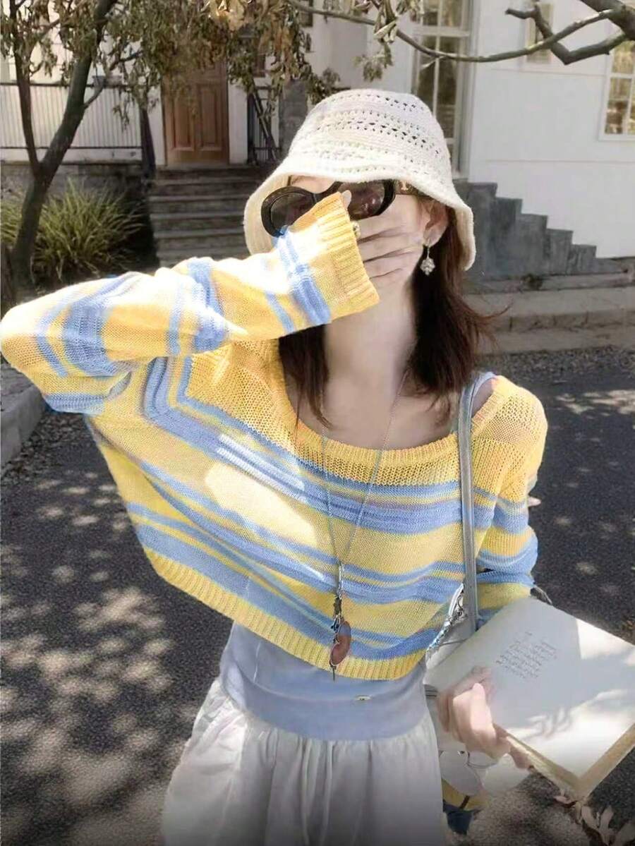 Elegant Casual Striped Contrast Color Off-Shoulder Pullover Short Knit Sweater For Women, Long Sleeve Knit Top - Multicolor - View 1