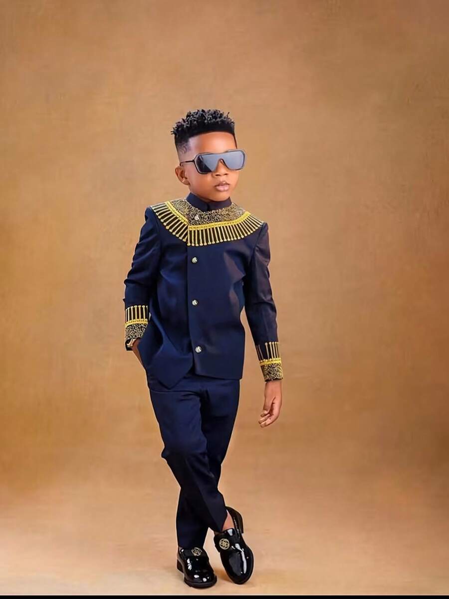 Boys' Formal Suit, Black & Gold Embroidered Mandarin Collar 2 Pieces Outfit, Performance, Runway, Party Wear - Dark Wash - View 1