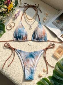 Conjunto de traje de baño con parte superior de triángulo en degradado acuarela + Bottom con ajuste de cordón, de tela suave mate, adecuado para vacaciones, piscina y playa en verano - Multicolor - Ver 6