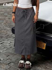 Women's Elegant Grey Cargo Midi Skirt - Elastic Waist Drawstring Pocketed Skirt, Lightweight & Wrinkle-Resistant For Spring, Casual Outings & Going Out - Grey - View 6