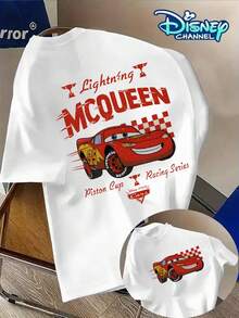 Disney Men's < < Racing Story > > Theme Printed With Red Lightning McQueen Red Car Logo Printed Short-Sleeved Men's T-Shirt-Racing Logo Multicolor Optional Men's T-Shirt, Everyday Versatile, Machine Washable, And Can Be Worn In Spring And Summer. - trắng - Xem 1