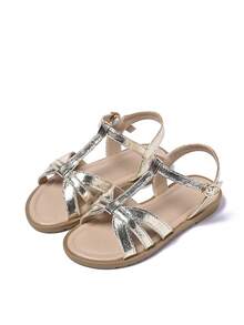 1 Pair Girl's Fashion Versatile Shiny T-Strap Flat Sandals, Suitable For Summer, Vacation, Wedding, Stage, Daily Wear - Gold - View 8