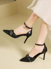 2026 Nuevos tacones de plataforma de punta afilada en color negro y contraste, versión coreana con hebilla metálica y tacón medio tipo Mary Jane para mujeres - Negro - Ver 14