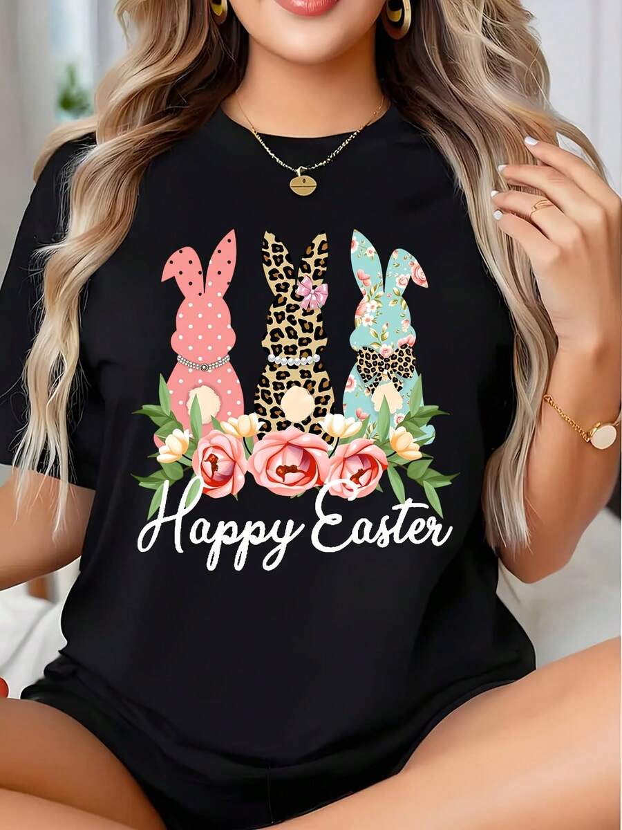 Happy Easter Bunny Print Women's Top Floral Design Easter Celebration Outfit Spring Festival Wear, It Is A Perfect T-Shirt To Give To Friends And Family On Any Holiday Or Festive Occasion, 220g - 黑色 - 查看 1