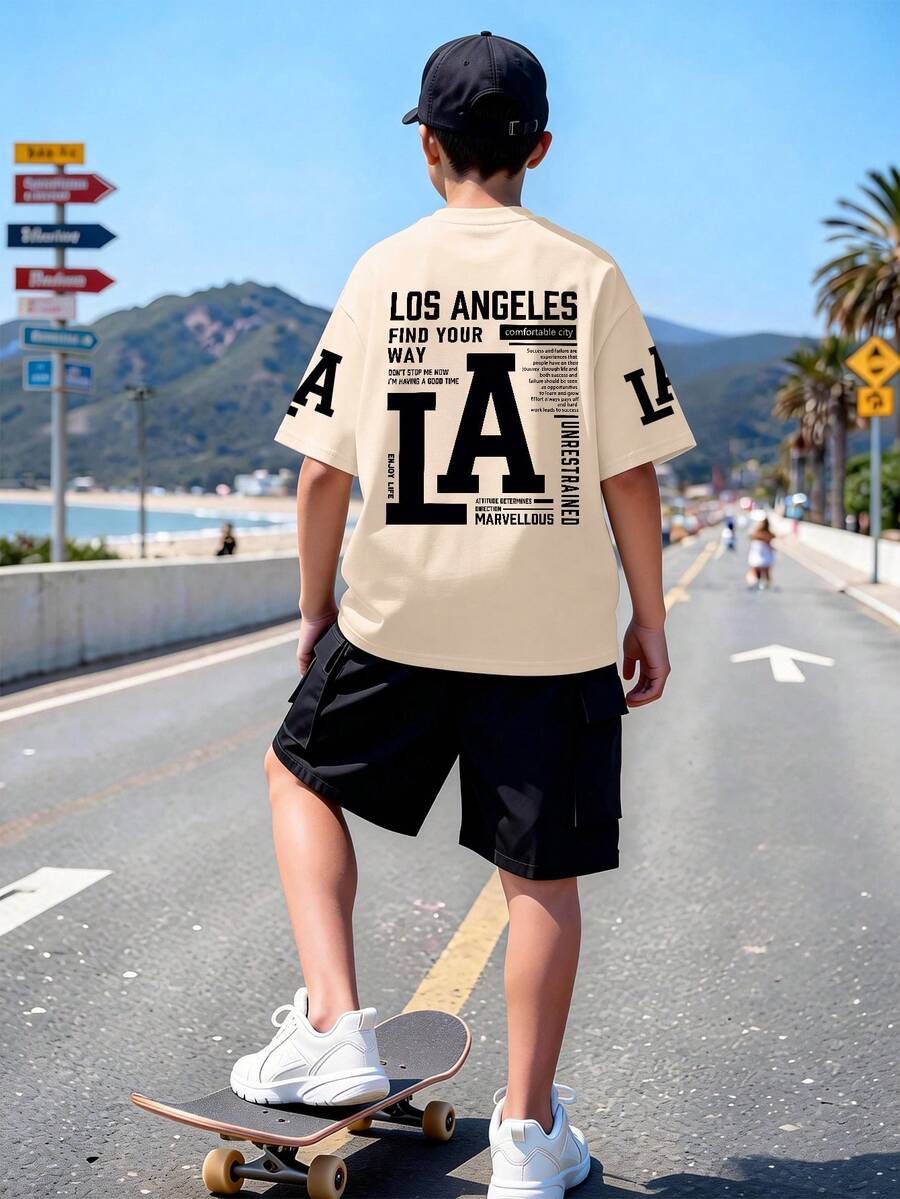 Teenager Boys' Minimalist Letter Print Round Neck Short Sleeve T-Shirt + Khaki Casual Pants Summer New Set - Multicolor - View 1