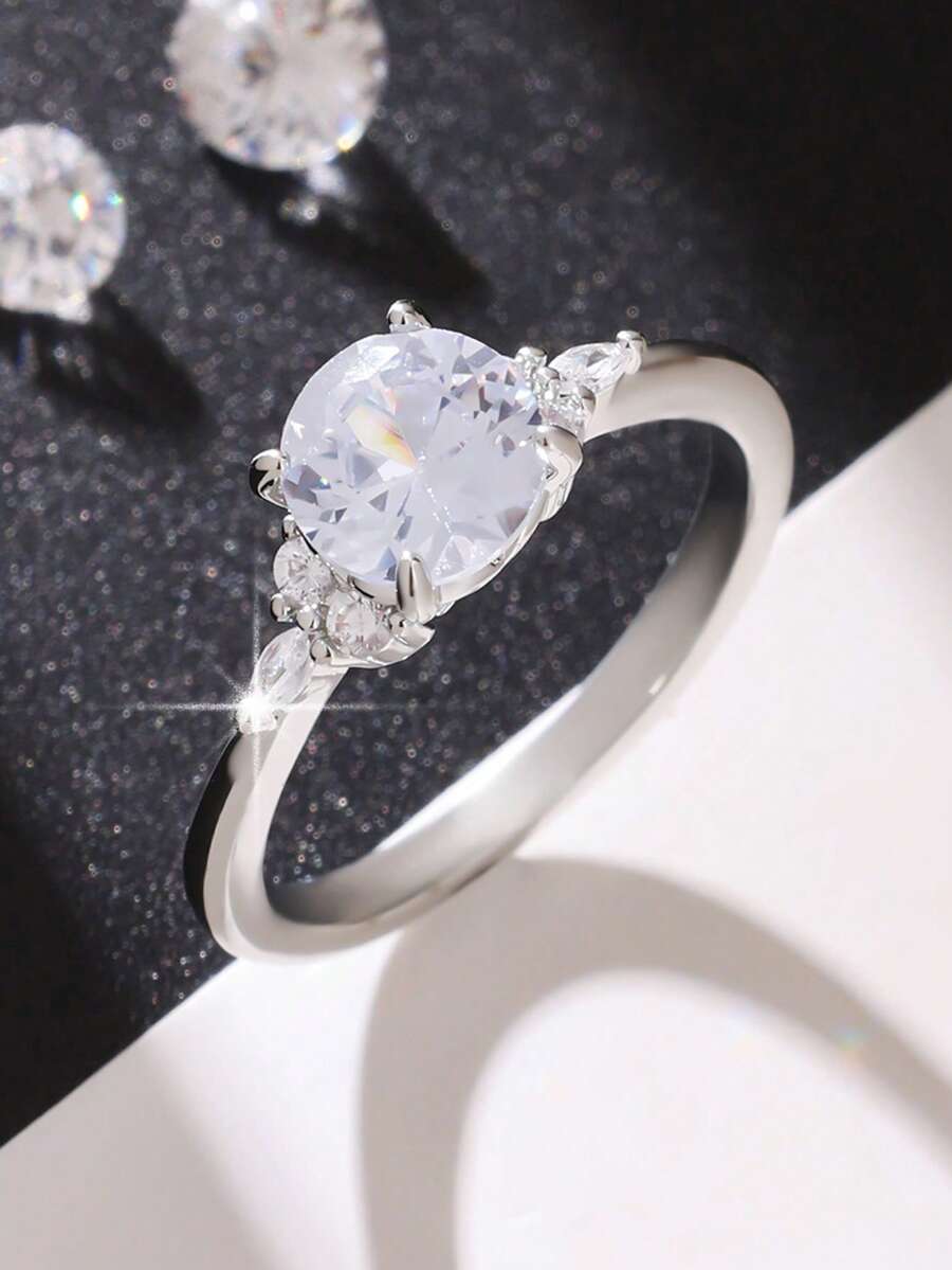 1pc High Quality Shiny Round Cubic Zirconia Ring, Suitable For Women As Valentine's Day Gift, Wedding Engagement Anniversary Party Jewelry, Mother's Day Gift - Silver - View 1