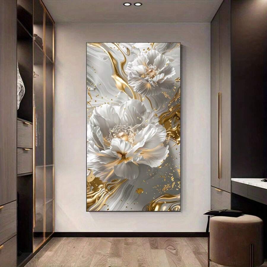 Frameless Modern Abstract Floral Canvas Art Poster - Elegant White & Golden Wall Decor For Living Room And Bedroom,Sophisticated Home Decoration, Bedroom Wall Art, Room Decor Aesthetic - White Gold - View 1