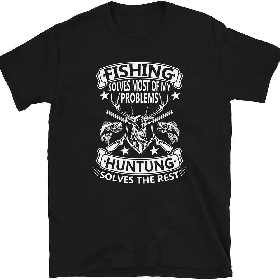 Camiseta de manga corta genérica divertida de caza y pesca que resuelve la mayoría de mis problemas. - Negro 3 - Ver 1