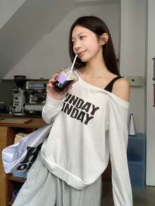 Women's Loose Fit Asymmetrical Shoulder Letter Print Long Sleeve T-Shirt Top - White - View 5