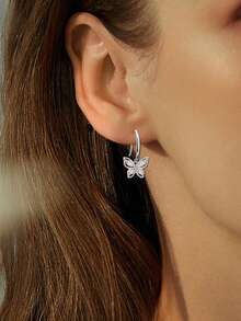 925 Sterling Silver Cubic Zirconia Butterfly Pendant Earrings, Hypoallergenic, Elegant For Daily Wear, Birthday Gift - Silver - View 2