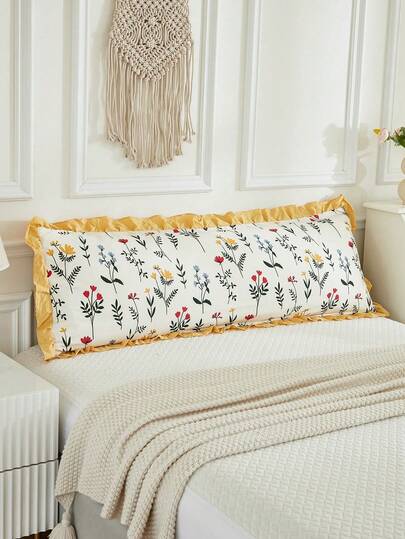 1pc Floral Prints With Yellow Ruffle Body Pillowcase,Vintage Style Decorative Lumbar Pillow,Soft Skin-Friendly Polyester Fiber,Farmhouse Room Decor
